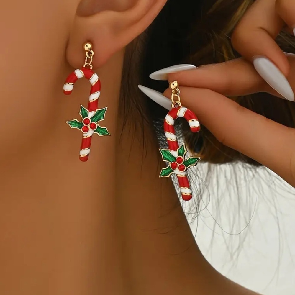 Christmas Earrings - Festive Candy Canes Earrings. Green Holly Berries 🍭 A7-240